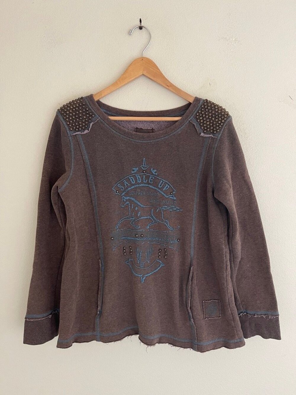 DOUBLE D RANCH Brown "Saddle Up" Sweatshirt with Studs & Embroidery: Small; NWOT